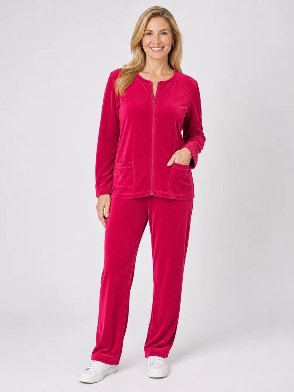 Vintage Coldwater Creek Raspberry Red Velour Track Suit Set M Zip Jacket Pants